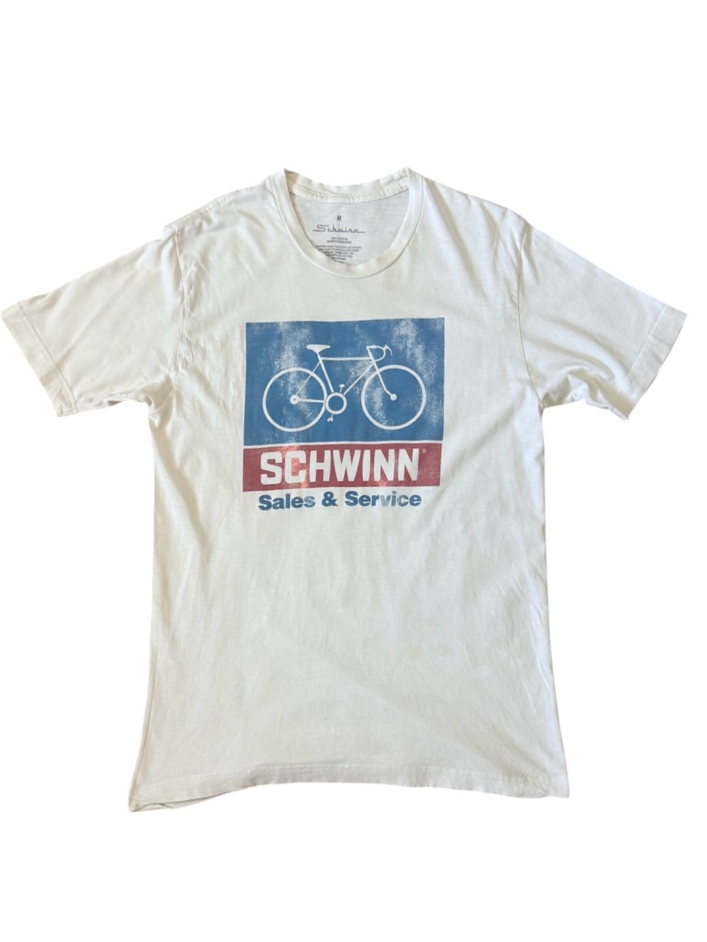 Schwinn Men’s White Graphic Tee - Sales & Service Bicycle Print Size Medium